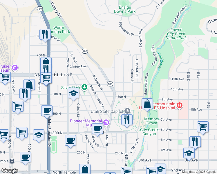 map of restaurants, bars, coffee shops, grocery stores, and more near 545 North Darwin Street in Salt Lake City