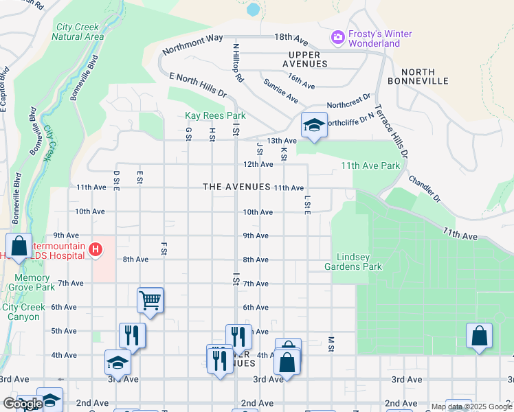 map of restaurants, bars, coffee shops, grocery stores, and more near 490 J Street in Salt Lake City