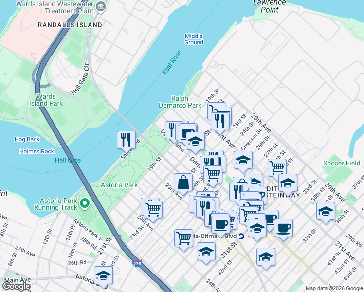map of restaurants, bars, coffee shops, grocery stores, and more near 22-04 21st Street in Queens