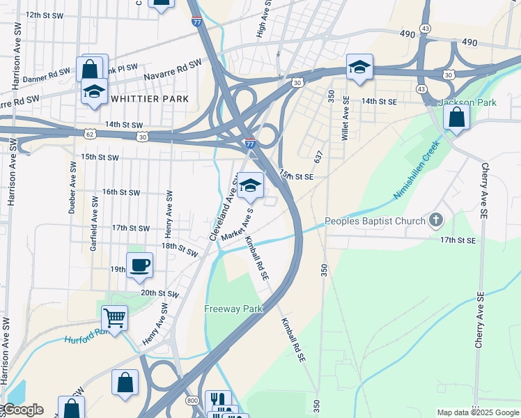 map of restaurants, bars, coffee shops, grocery stores, and more near 1620 Market Avenue South in Canton
