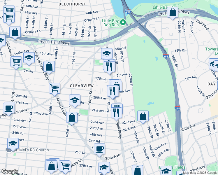 map of restaurants, bars, coffee shops, grocery stores, and more near 168-2 19th Avenue in Queens