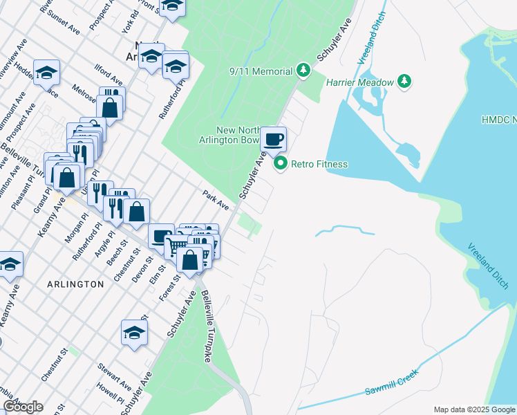 map of restaurants, bars, coffee shops, grocery stores, and more near 11 Vanderbilt Place in North Arlington