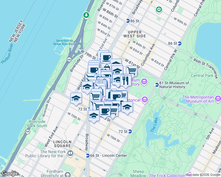 map of restaurants, bars, coffee shops, grocery stores, and more near 163 West 76th Street in New York