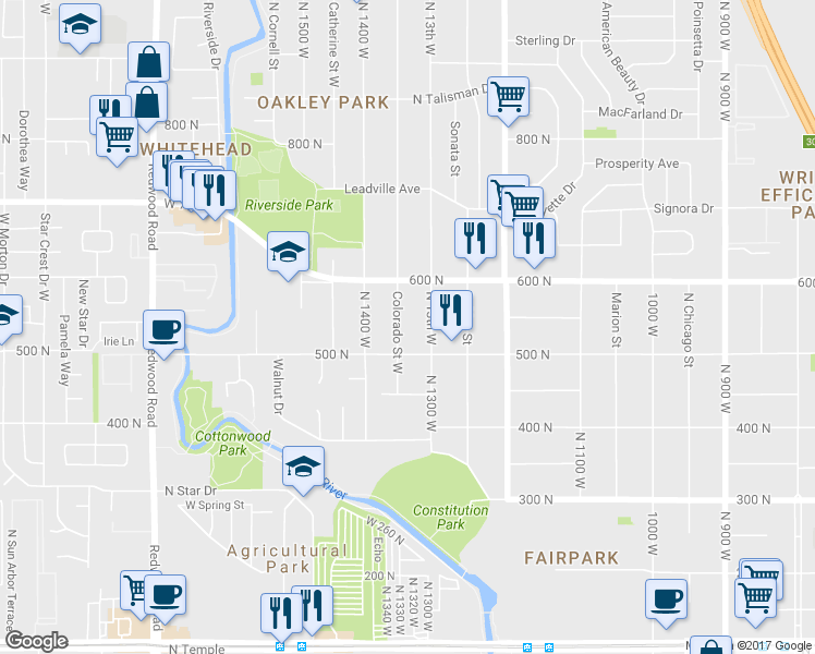 map of restaurants, bars, coffee shops, grocery stores, and more near 532 Colorado Street in Salt Lake City