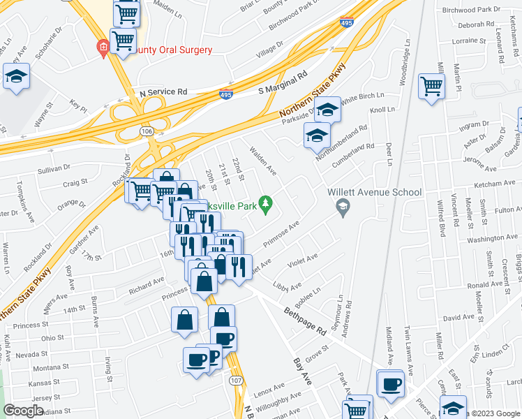 map of restaurants, bars, coffee shops, grocery stores, and more near 49 Elmtree Lane in Jericho