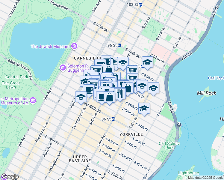 map of restaurants, bars, coffee shops, grocery stores, and more near 200 East 90th Street in New York