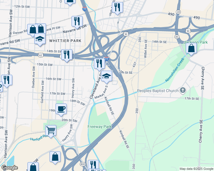 map of restaurants, bars, coffee shops, grocery stores, and more near 1620 Market Avenue South in Canton