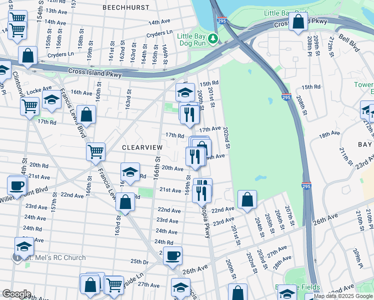 map of restaurants, bars, coffee shops, grocery stores, and more near 168-2 19th Avenue in Queens