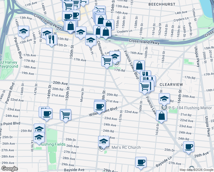 map of restaurants, bars, coffee shops, grocery stores, and more near 154-03 20th Avenue in Queens