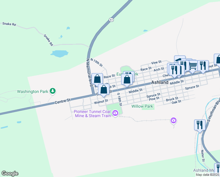 map of restaurants, bars, coffee shops, grocery stores, and more near 27 North 19th Street in Ashland