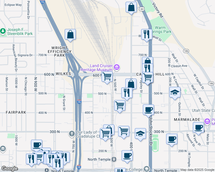 map of restaurants, bars, coffee shops, grocery stores, and more near 516 400 North in Salt Lake City