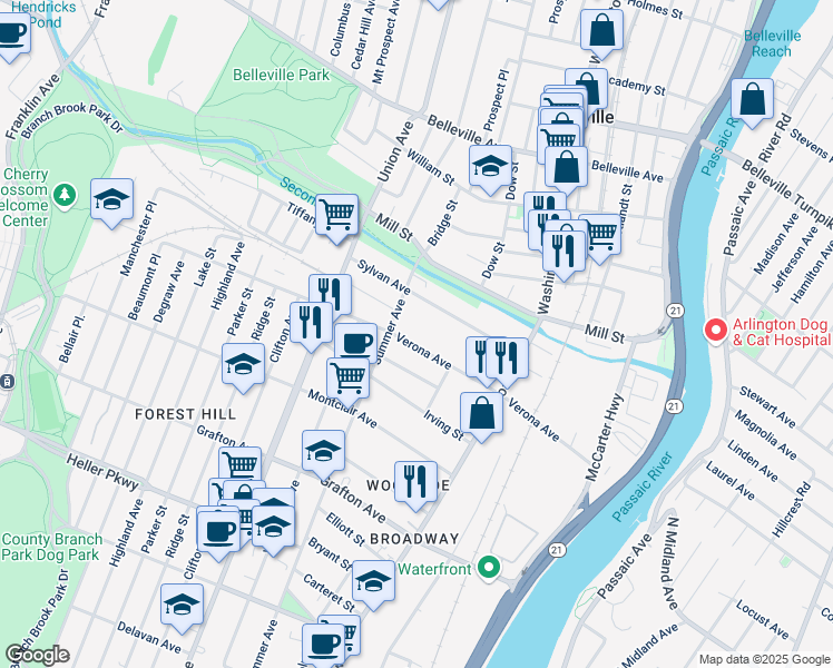 map of restaurants, bars, coffee shops, grocery stores, and more near 135 Verona Avenue in Newark