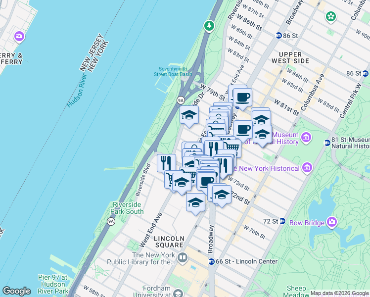 map of restaurants, bars, coffee shops, grocery stores, and more near 279 West End Avenue in New York