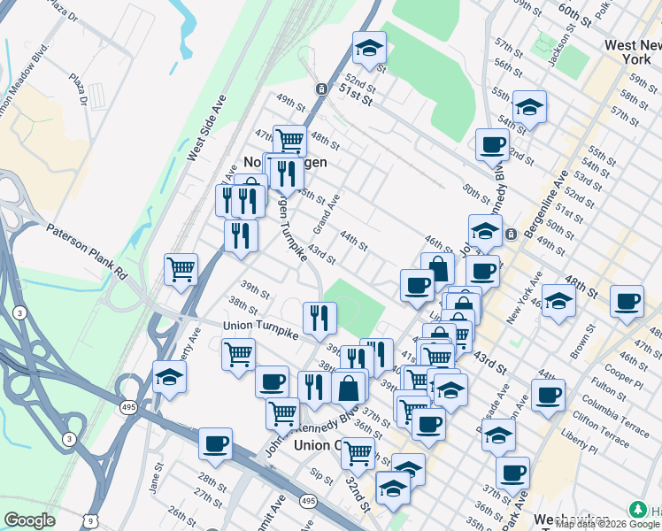 map of restaurants, bars, coffee shops, grocery stores, and more near 4030 Bergen Turnpike in North Bergen