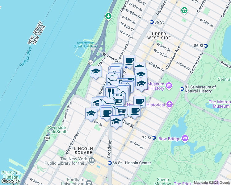 map of restaurants, bars, coffee shops, grocery stores, and more near Broadway & West 75th Street in New York
