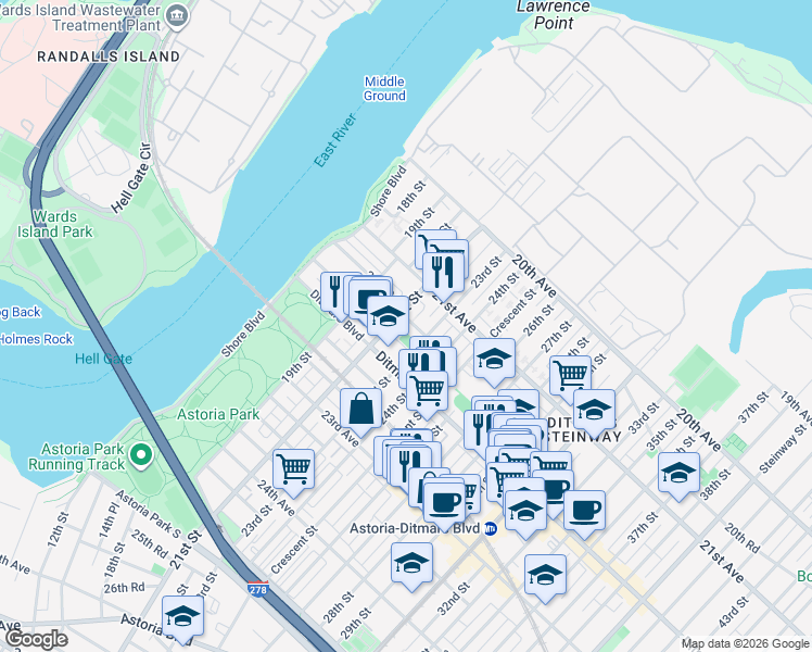 map of restaurants, bars, coffee shops, grocery stores, and more near 21-16 21st Road in Queens