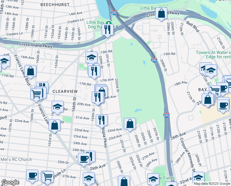 map of restaurants, bars, coffee shops, grocery stores, and more near 199-42 19th Avenue in Queens