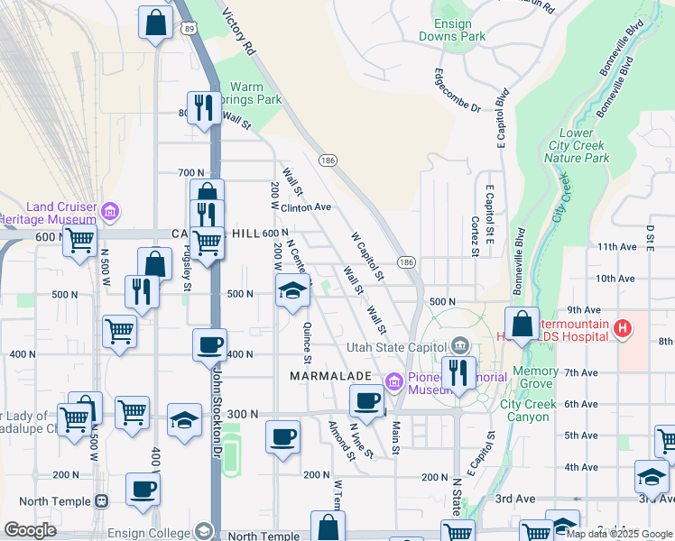 map of restaurants, bars, coffee shops, grocery stores, and more near 105 West Girard Avenue in Salt Lake City
