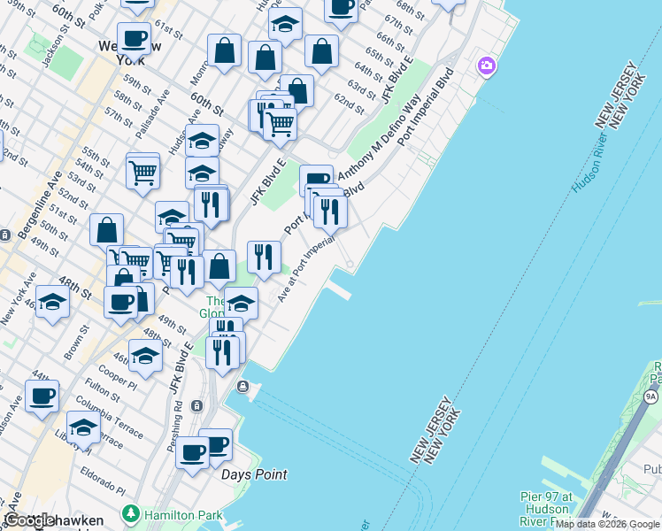 map of restaurants, bars, coffee shops, grocery stores, and more near 24 Avenue at Port Imperial in West New York