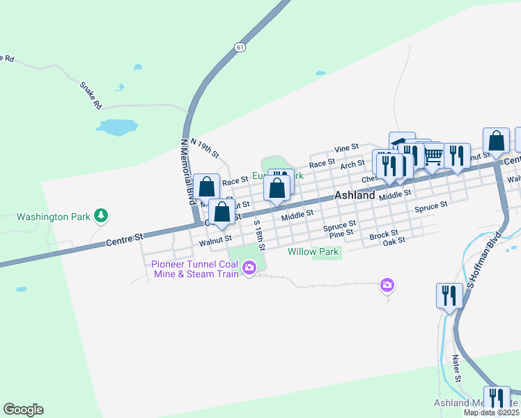 map of restaurants, bars, coffee shops, grocery stores, and more near 1727 Centre Street in Ashland
