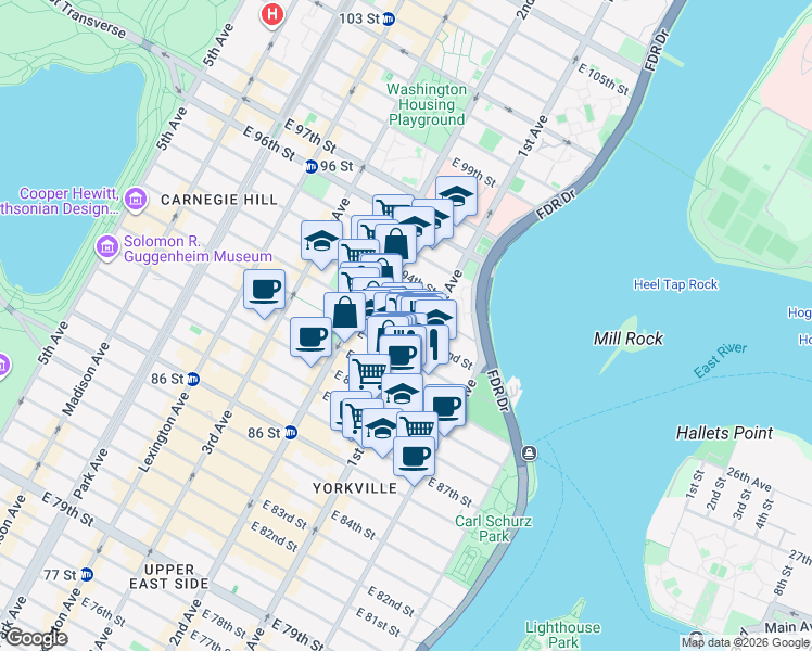 map of restaurants, bars, coffee shops, grocery stores, and more near 335 East 92nd Street in New York