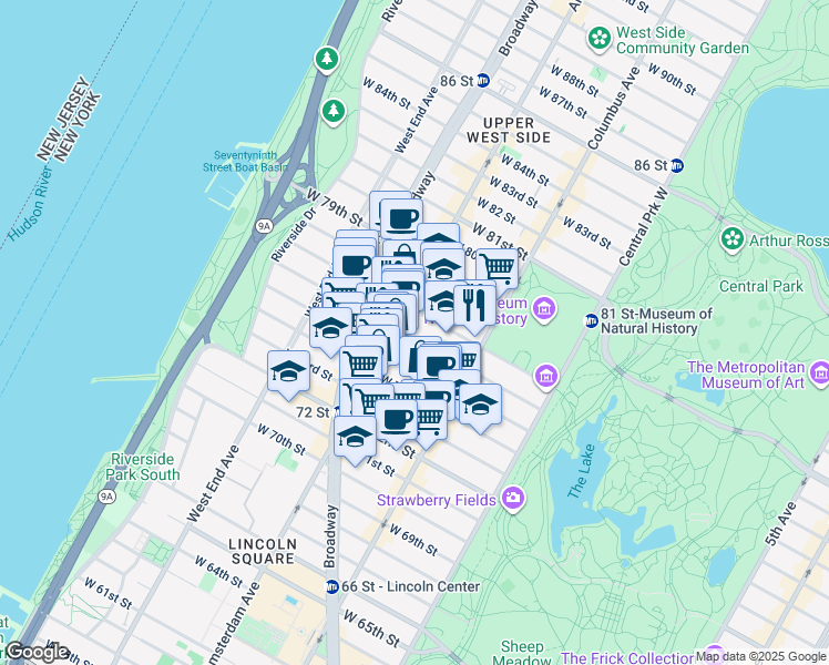 map of restaurants, bars, coffee shops, grocery stores, and more near 167 West 76th Street in New York