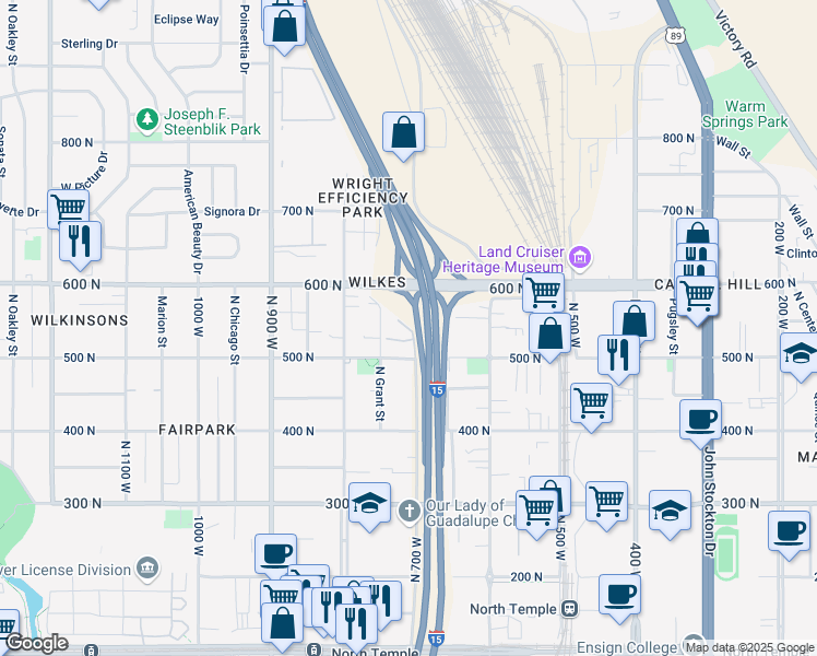 map of restaurants, bars, coffee shops, grocery stores, and more near 505 North Bright Court in Salt Lake City
