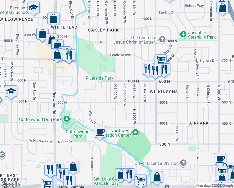 map of restaurants, bars, coffee shops, grocery stores, and more near 534 North 1400 West in Salt Lake City