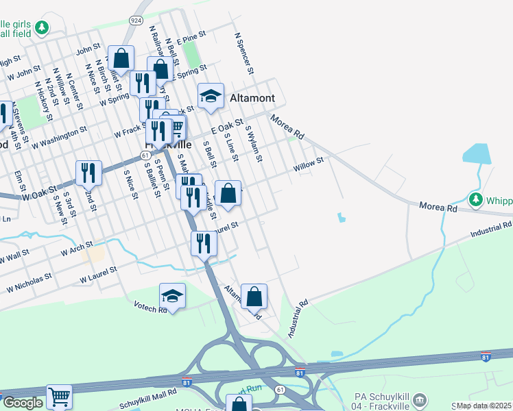 map of restaurants, bars, coffee shops, grocery stores, and more near 337 South Line Street in Frackville
