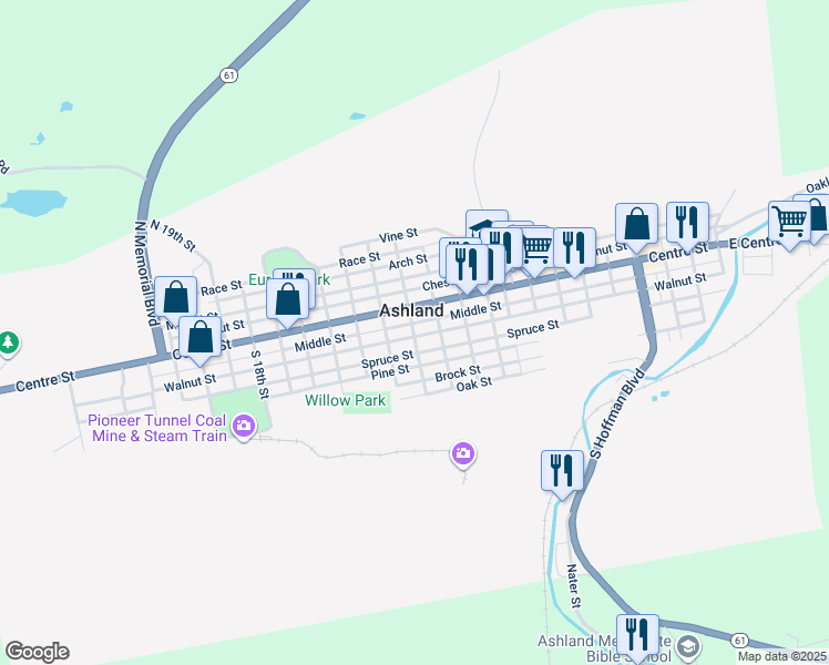 map of restaurants, bars, coffee shops, grocery stores, and more near 1139 Walnut Street in Ashland