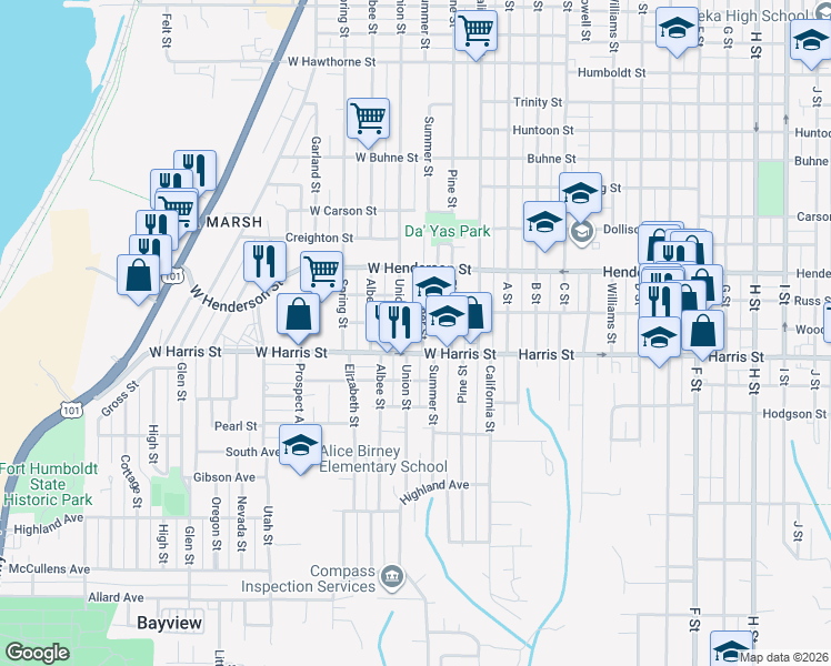 map of restaurants, bars, coffee shops, grocery stores, and more near 312 West Harris Street in Eureka