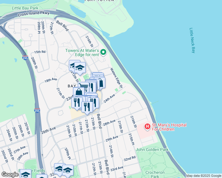 map of restaurants, bars, coffee shops, grocery stores, and more near 23-55 Bell Boulevard in Queens