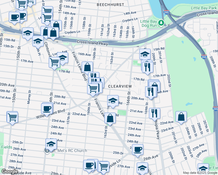map of restaurants, bars, coffee shops, grocery stores, and more near 163-03 20th Avenue in Queens