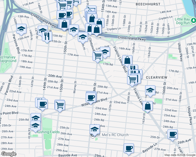 map of restaurants, bars, coffee shops, grocery stores, and more near 20-12 154th Street in Queens