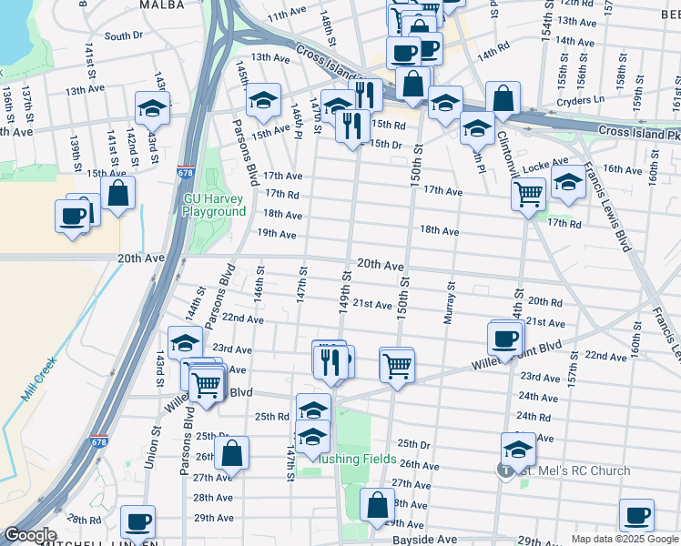 map of restaurants, bars, coffee shops, grocery stores, and more near 147-30 20th Road in Queens