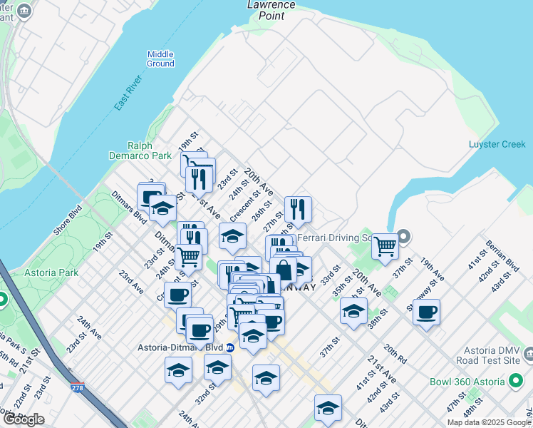 map of restaurants, bars, coffee shops, grocery stores, and more near 20-41 27th Street in Queens