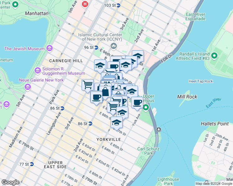 map of restaurants, bars, coffee shops, grocery stores, and more near 316 East 92nd Street in New York