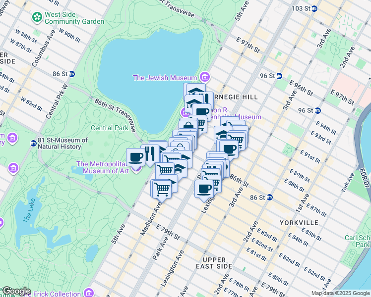 map of restaurants, bars, coffee shops, grocery stores, and more near 1161 Madison Avenue in New York