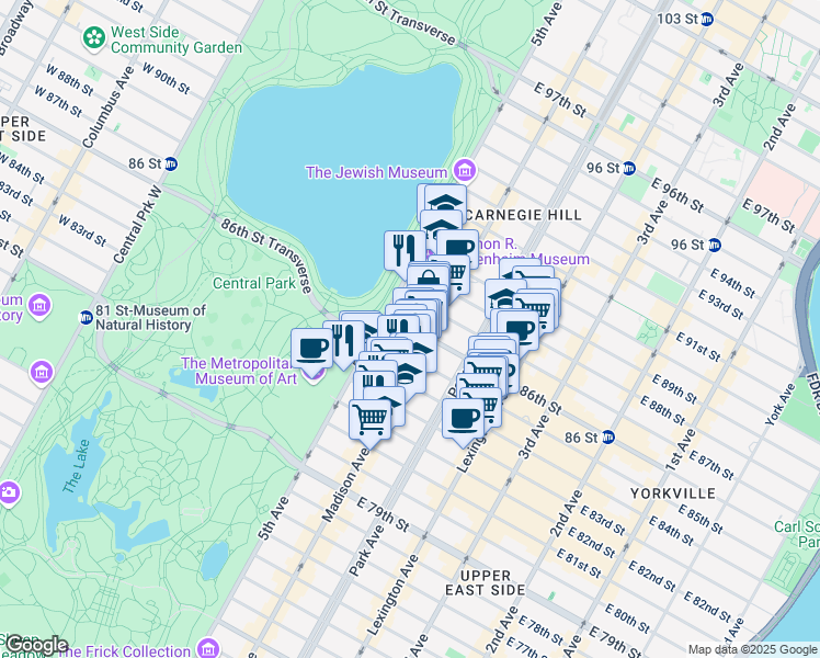 map of restaurants, bars, coffee shops, grocery stores, and more near 1161 Madison Avenue in New York