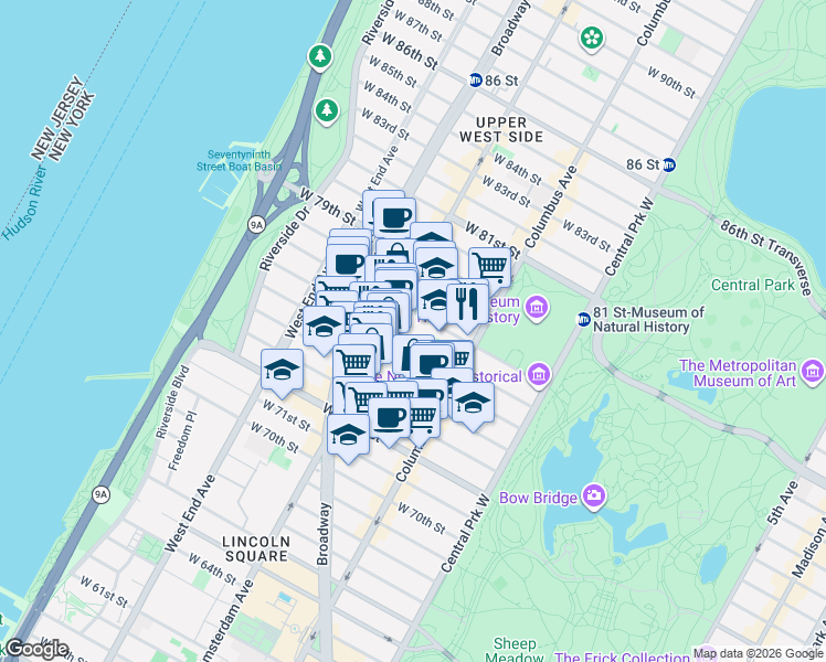 map of restaurants, bars, coffee shops, grocery stores, and more near 141 West 77th Street in New York