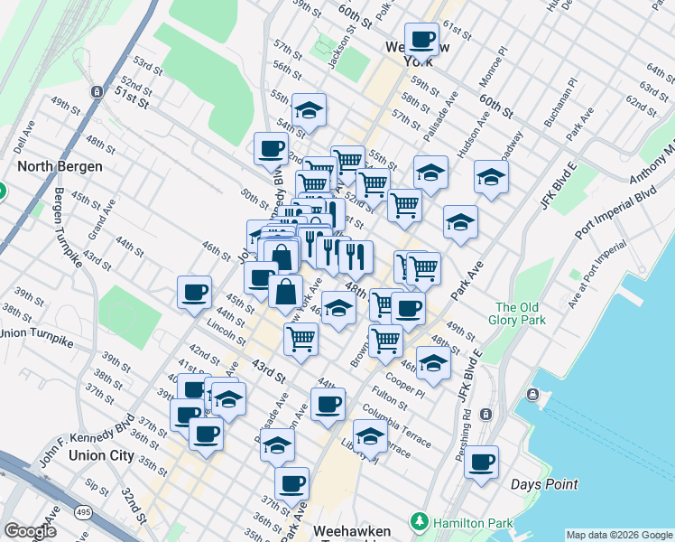 map of restaurants, bars, coffee shops, grocery stores, and more near 306 47th Street in Union City