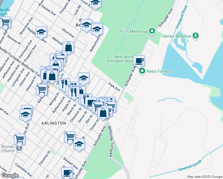 map of restaurants, bars, coffee shops, grocery stores, and more near 65 Forest Street in North Arlington