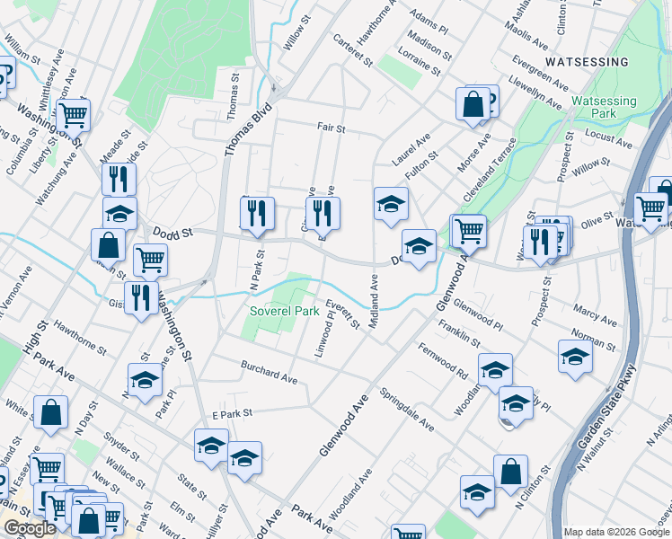 map of restaurants, bars, coffee shops, grocery stores, and more near 108 Brighton Avenue in East Orange