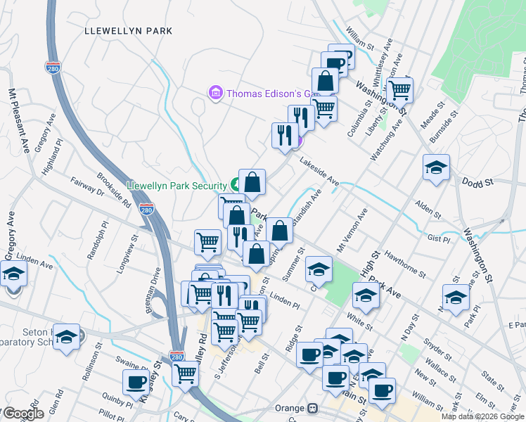 map of restaurants, bars, coffee shops, grocery stores, and more near 75 Ashland Avenue in West Orange