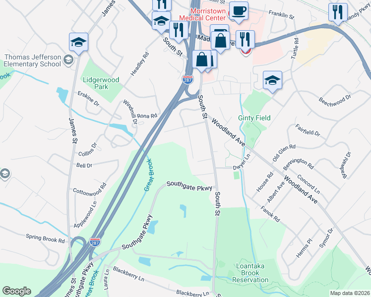 map of restaurants, bars, coffee shops, grocery stores, and more near 10 Prospect Place in Morristown