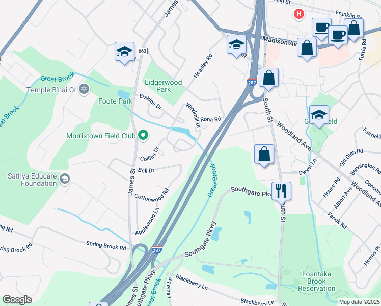 map of restaurants, bars, coffee shops, grocery stores, and more near 21 Bell Drive in Morristown