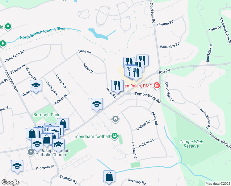 map of restaurants, bars, coffee shops, grocery stores, and more near 64 East Main Street in Mendham