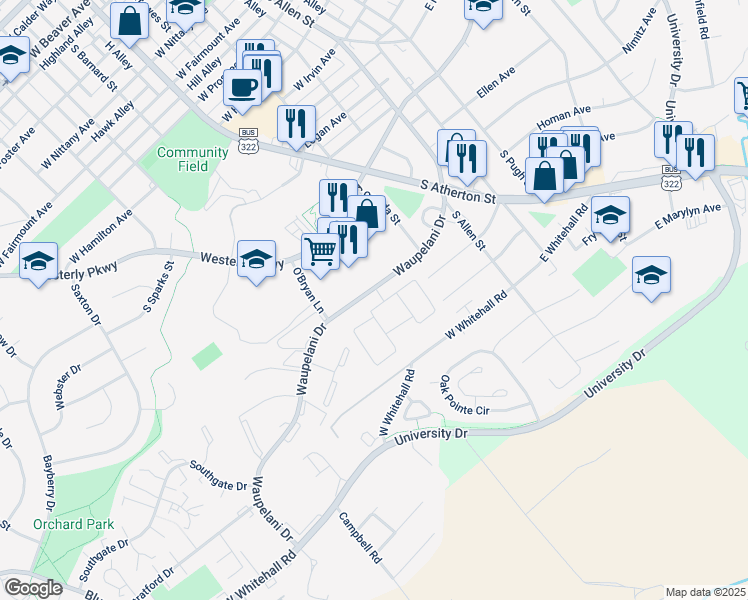 map of restaurants, bars, coffee shops, grocery stores, and more near 300 Waupelani Drive in State College