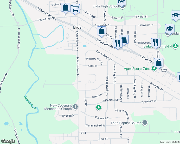 map of restaurants, bars, coffee shops, grocery stores, and more near 4023 Lilly Drive in Elida