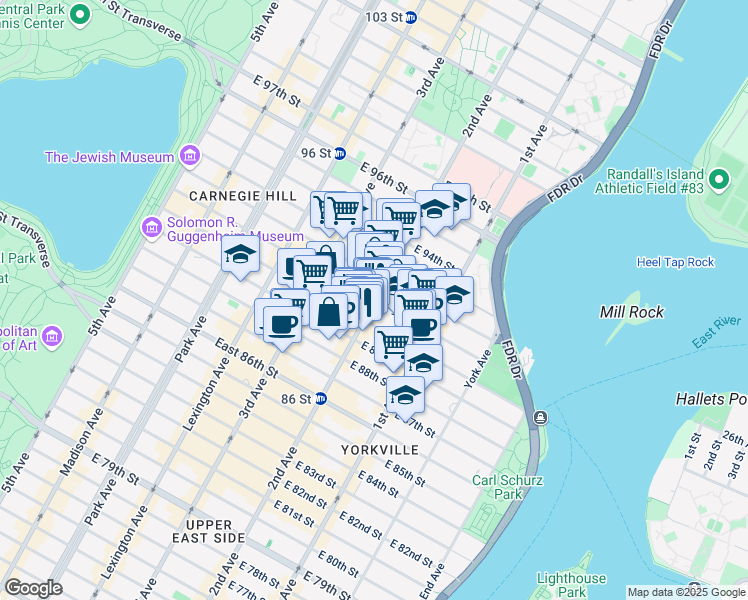 map of restaurants, bars, coffee shops, grocery stores, and more near 2nd Ave & E 91st St in New York